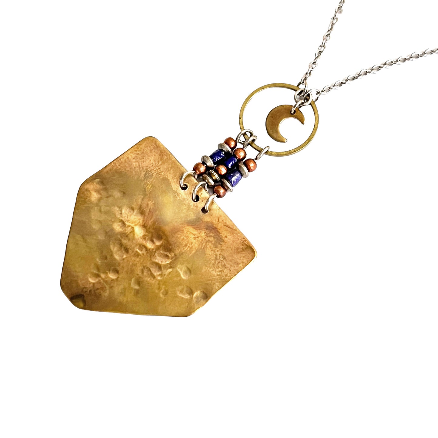TEXTURED BRASS MOON SHIELD NECKLACE
