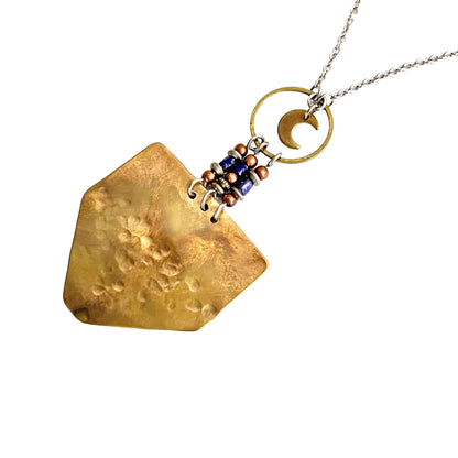 TEXTURED BRASS MOON SHIELD NECKLACE