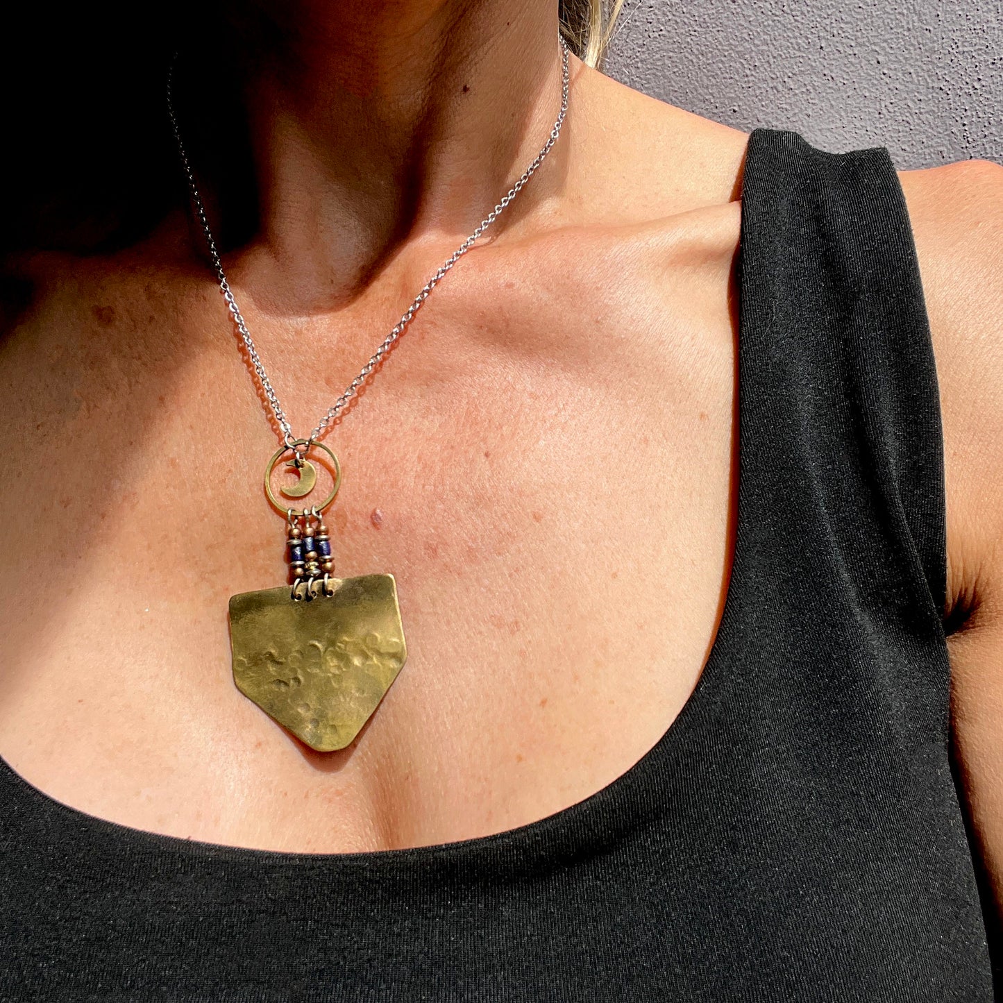 TEXTURED BRASS MOON SHIELD NECKLACE