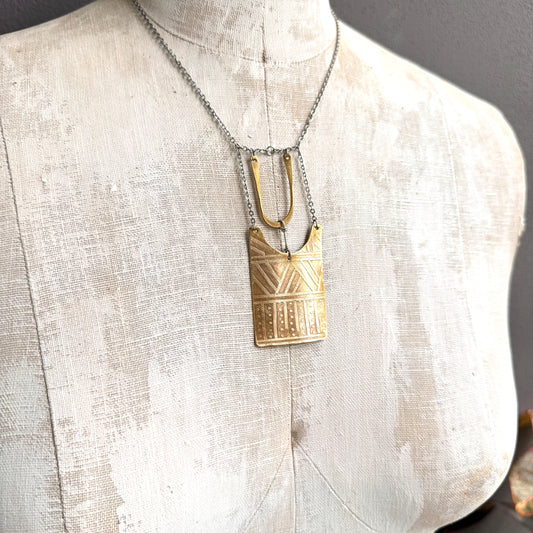BRASS TRIBAL ETCHED SHIELD NECKLACE