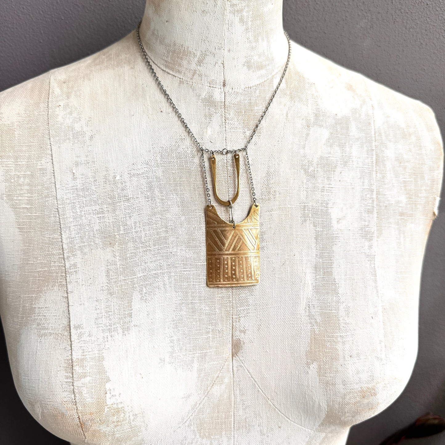 BRASS TRIBAL ETCHED SHIELD NECKLACE
