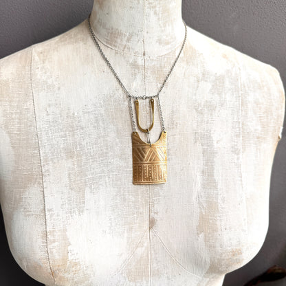 BRASS TRIBAL ETCHED SHIELD NECKLACE