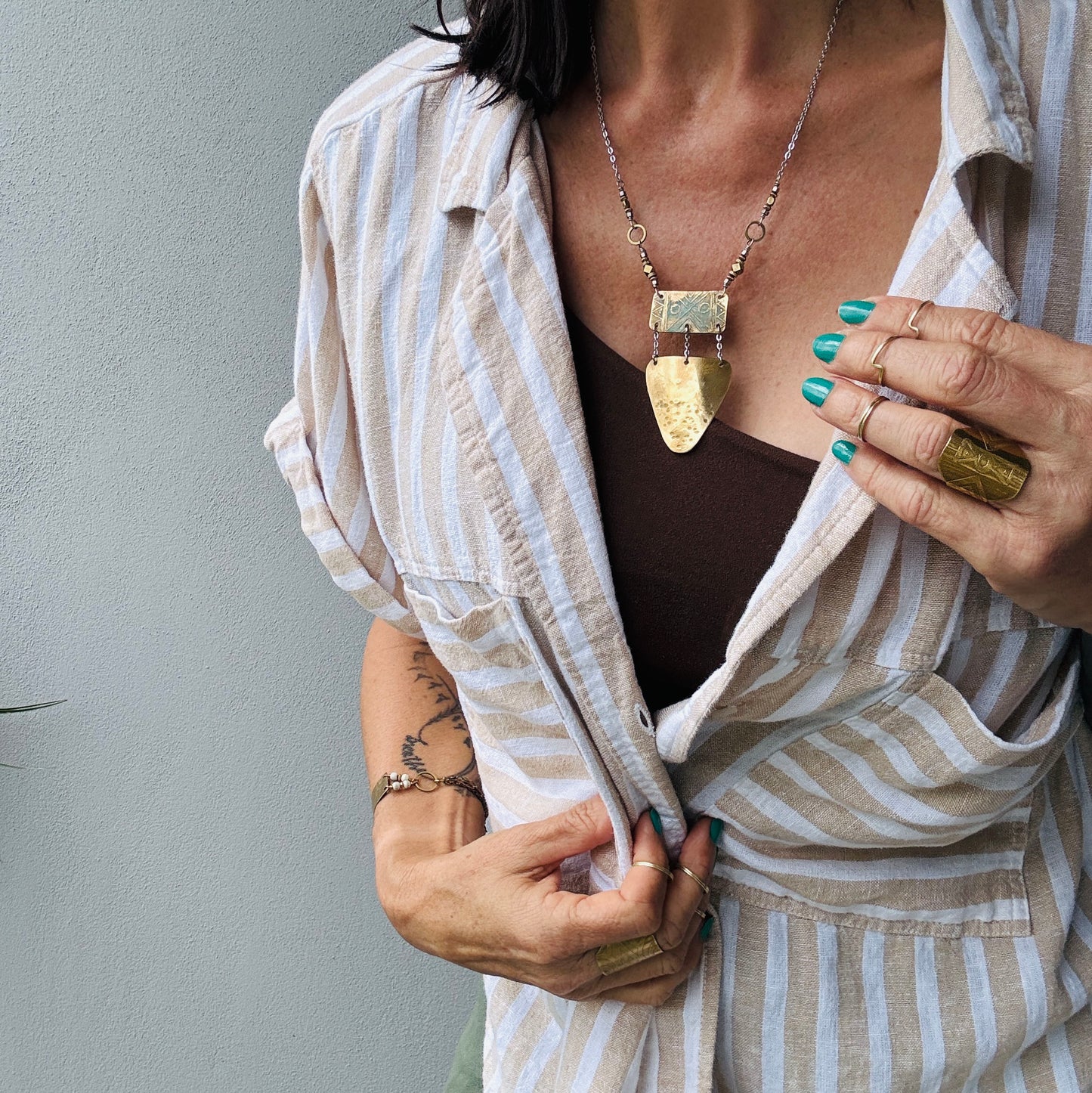BRASS TRIBAL ETCHED TRIANGLE NECKLACE - end of season sale