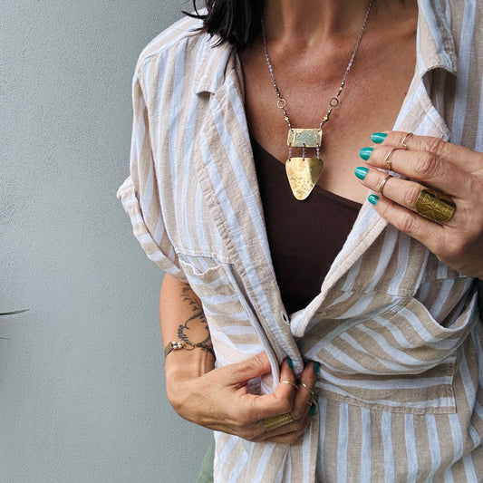 BRASS TRIBAL ETCHED TRIANGLE NECKLACE - end of season sale