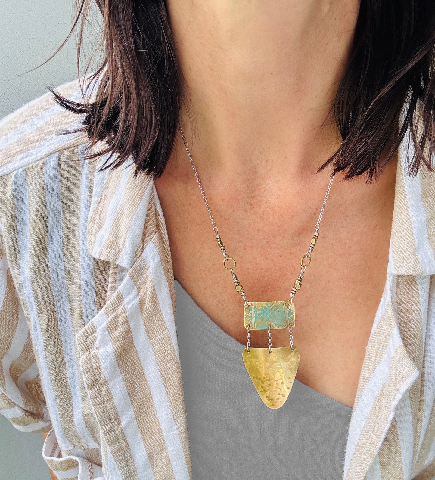 BRASS TRIBAL ETCHED TRIANGLE NECKLACE - end of season sale