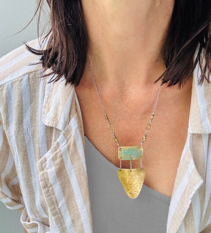 BRASS TRIBAL ETCHED TRIANGLE NECKLACE - end of season sale