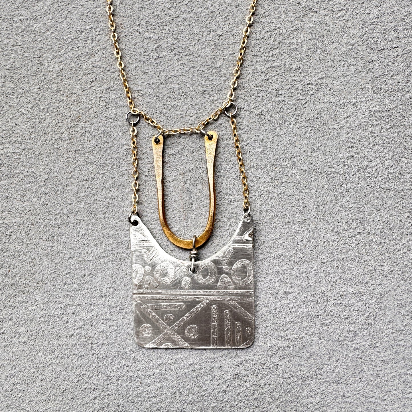 SILVER TRIBAL ETCHED SHIELD NECKLACE