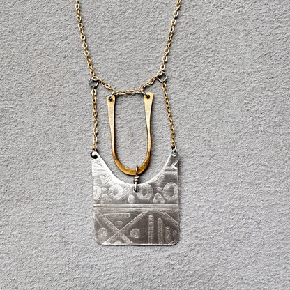 SILVER TRIBAL ETCHED SHIELD NECKLACE