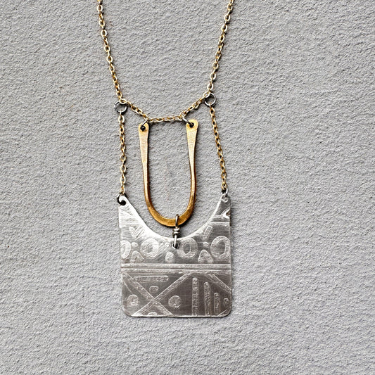 SILVER TRIBAL ETCHED SHIELD NECKLACE