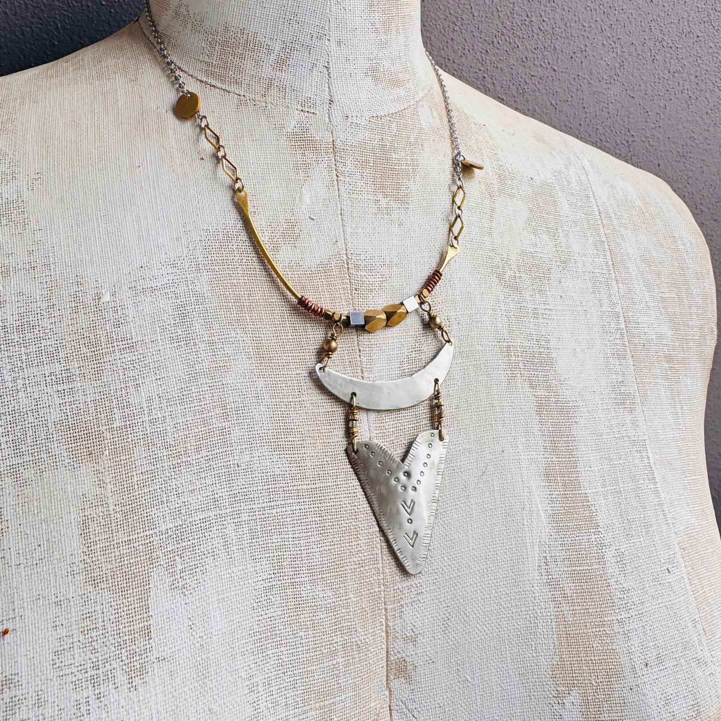 BEADED COLLAR STAMPED SILVER MOON NECKLACE