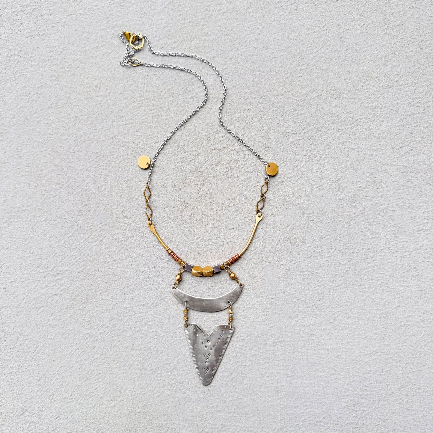BEADED COLLAR STAMPED SILVER MOON NECKLACE