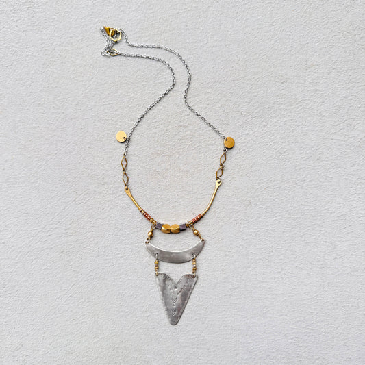 BEADED COLLAR STAMPED SILVER MOON NECKLACE