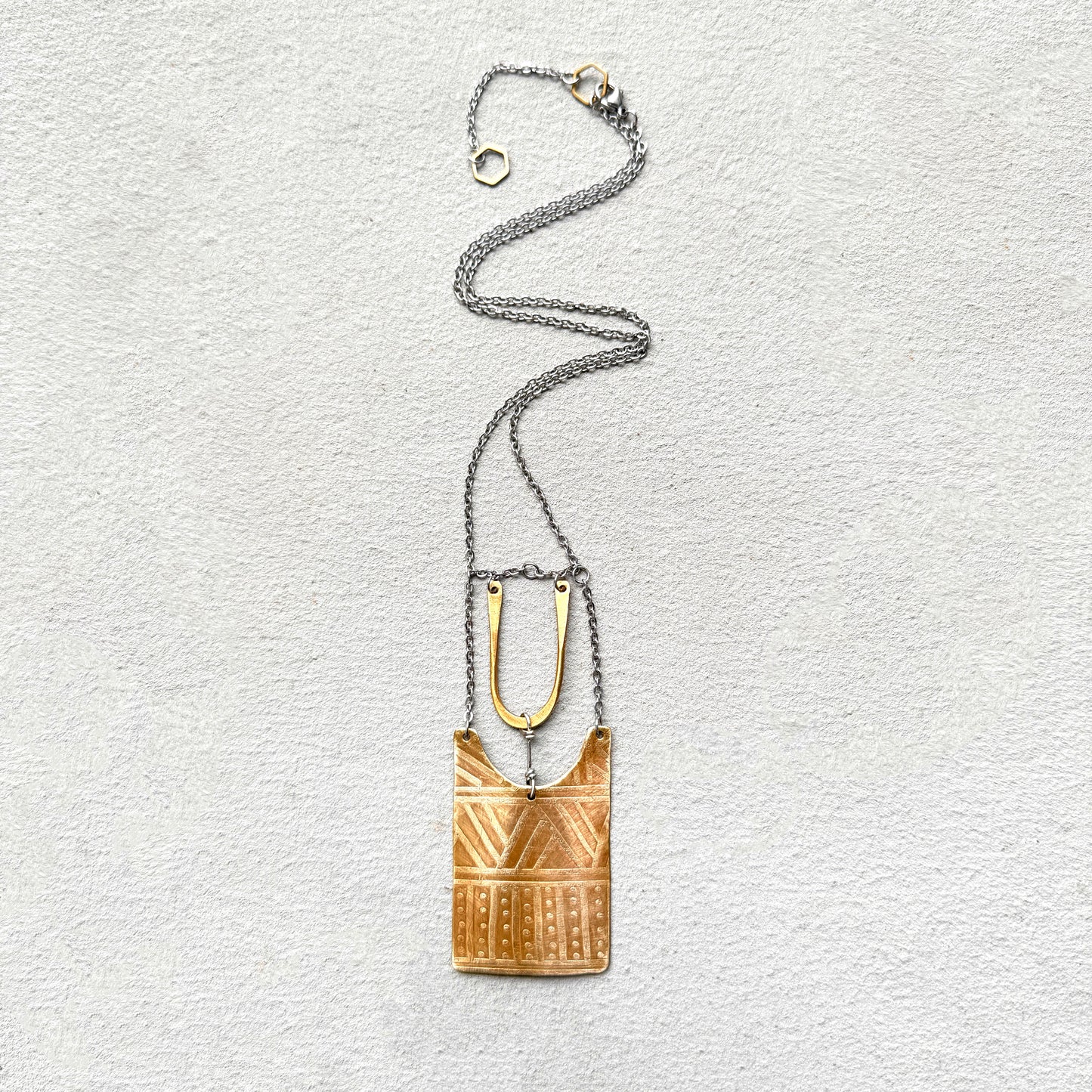 BRASS TRIBAL ETCHED SHIELD NECKLACE