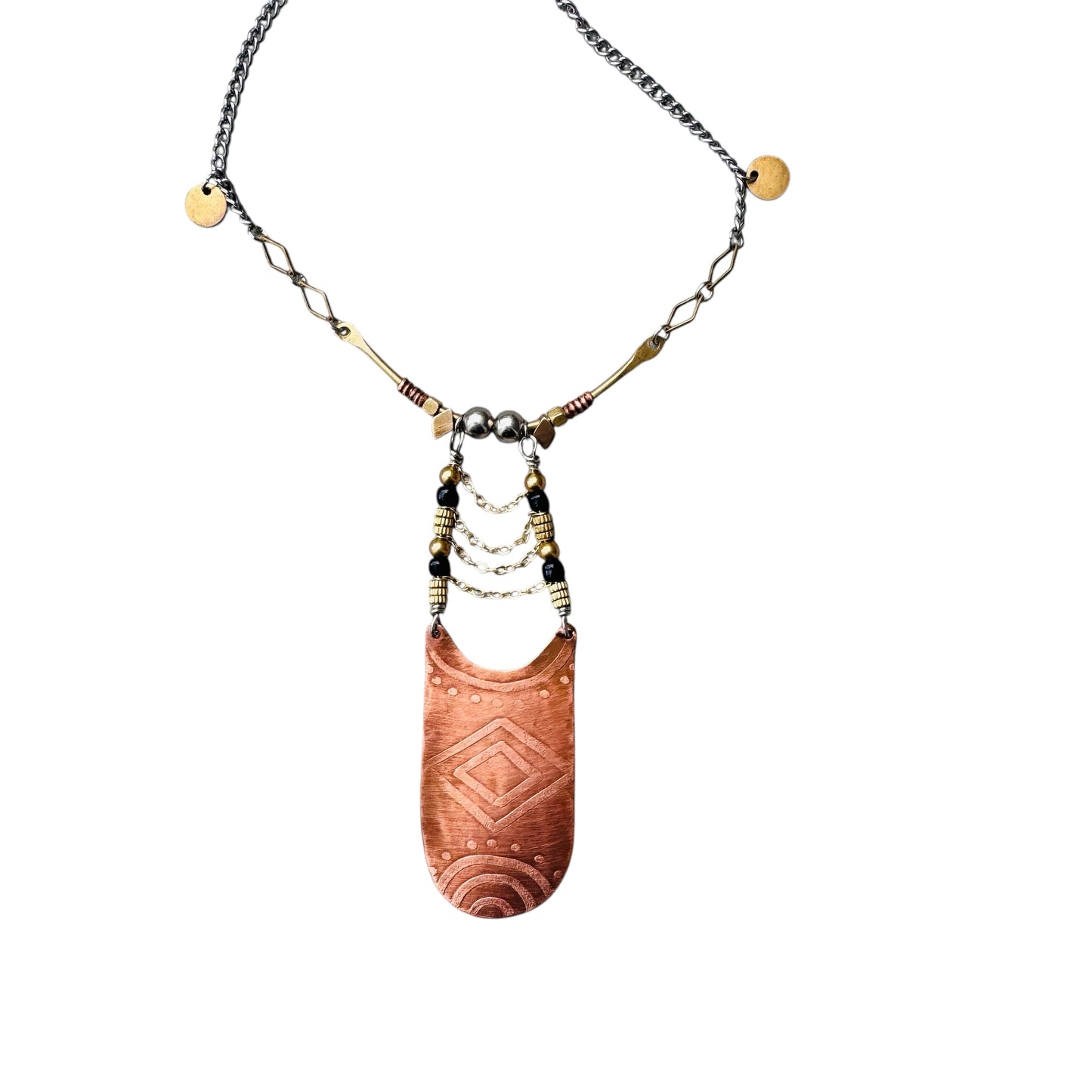 ETCHED MIXED METAL SHIELD NECKLACE