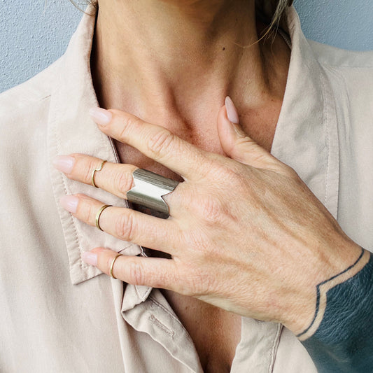 RUSTIC ETCHED SILVER SHIELD RING