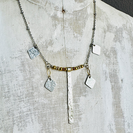 TEXTURED SILVER RECTANGLE CHARM NECKLACE
