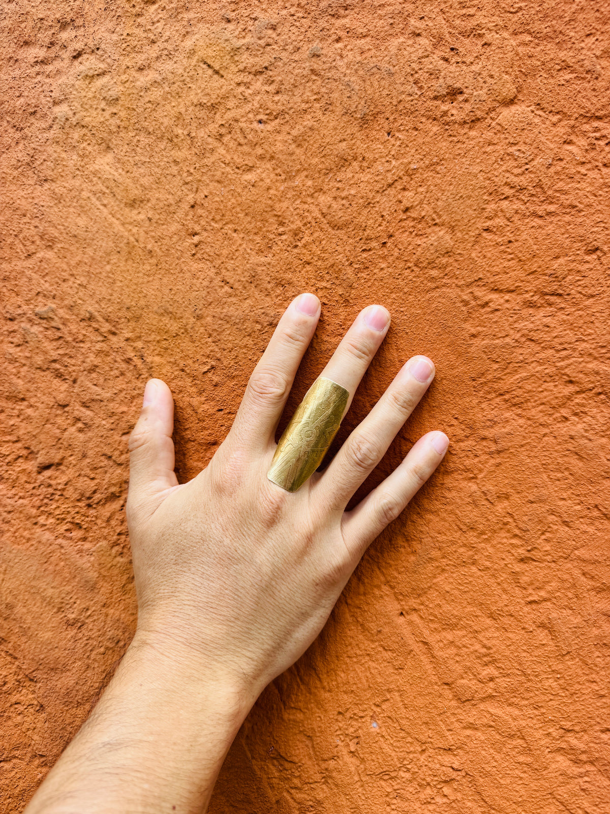 TRIBAL ETCHED BRASS SHIELD RING