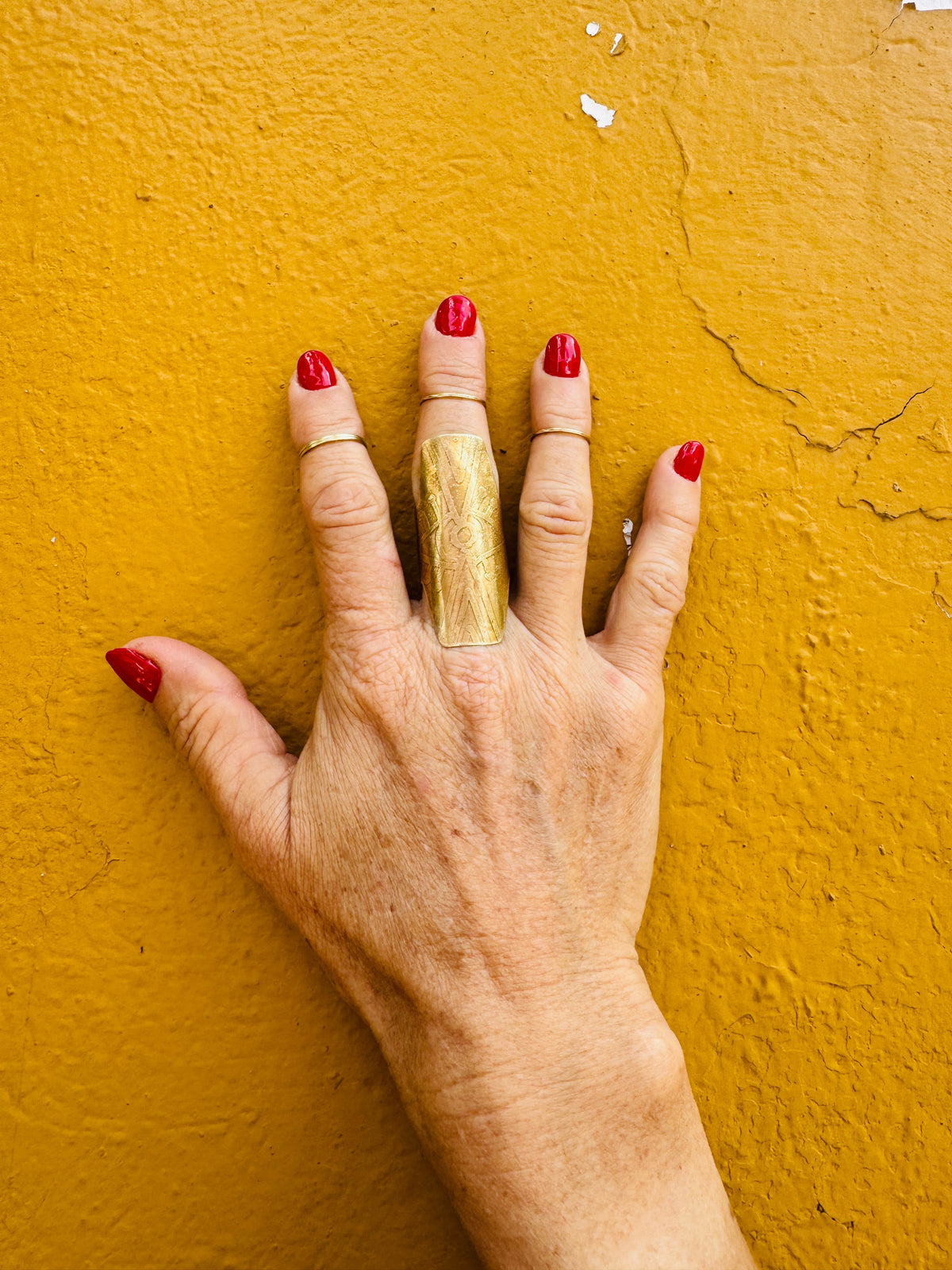 TRIBAL ETCHED BRASS SHIELD RING