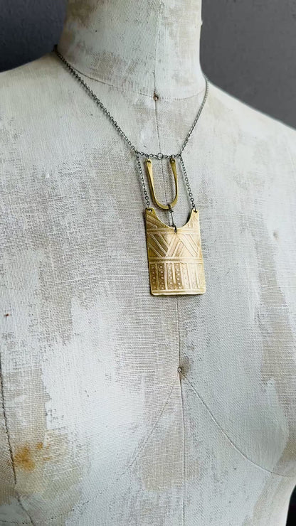 BRASS TRIBAL ETCHED SHIELD NECKLACE